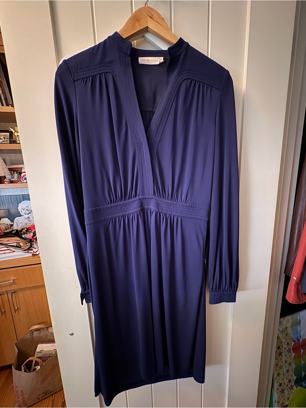 Tory Burch Navy Long Sleeve V-Neck Gathered Waist Dress